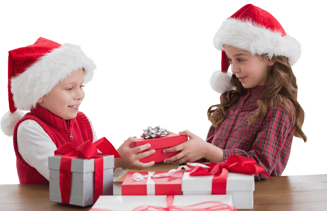 Children Exchanging Gifts in Christmas Outfits on Transparent Background