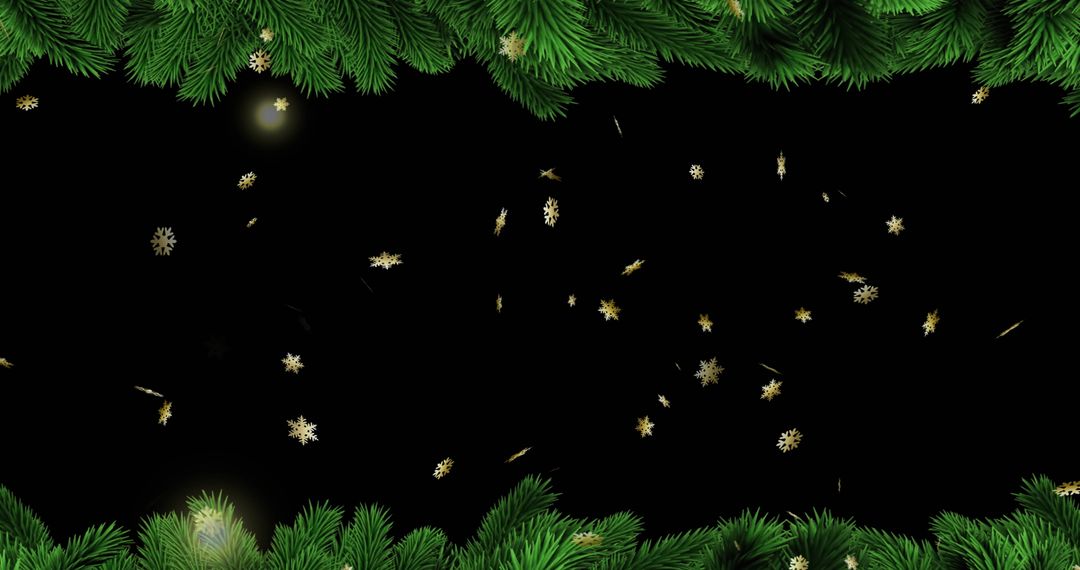 Gold Snowflakes Falling Against Black Background with Pine Border