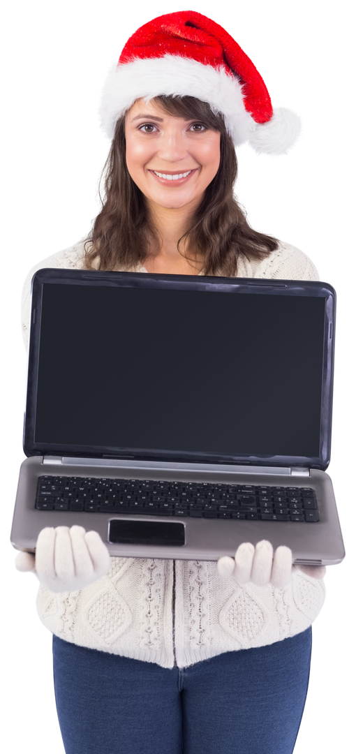 Smiling Woman in Santa Hat Showing Laptop Screen on Transparent Background - Download Free Stock Images Pikwizard.com