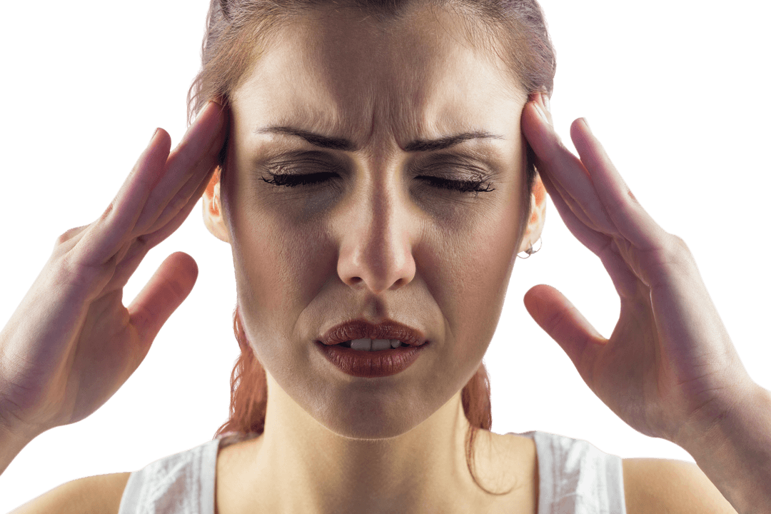 Transparent Focused Woman Experiencing Headache with Hands on Temples