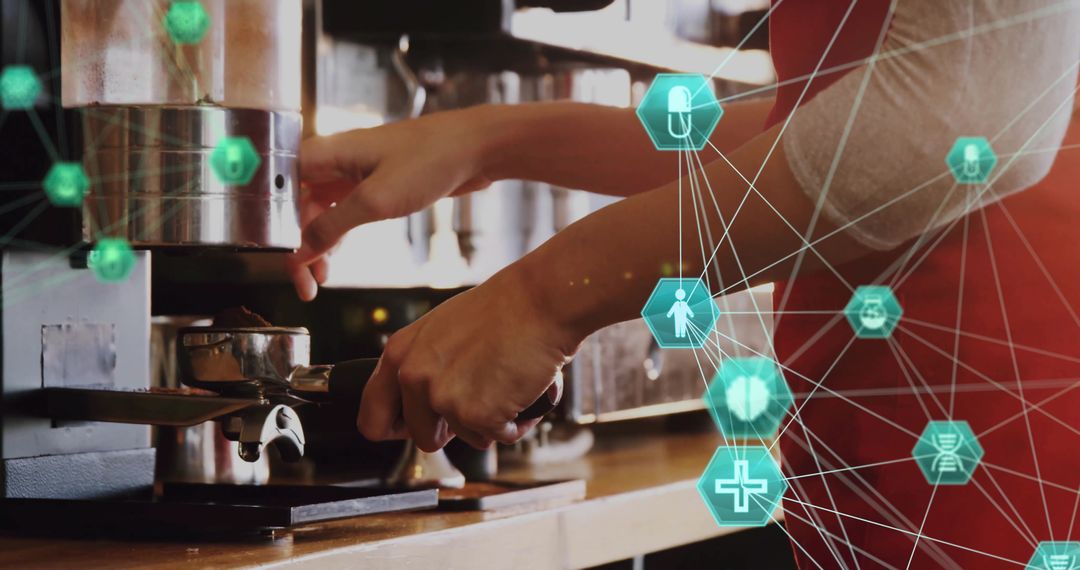 Barista hands pulling portafilter into espresso machine with teal tech network overlay