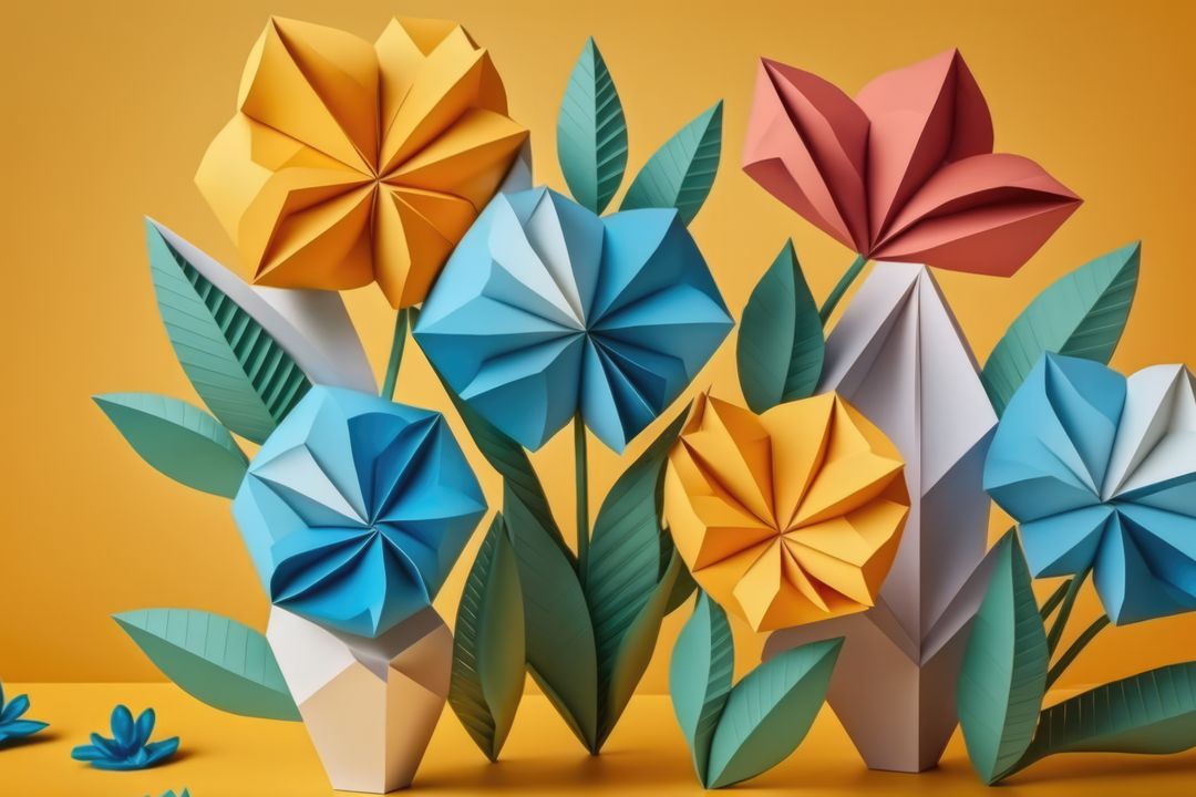 Colourful origami paper flowers on orange background, created using generative ai technology - Free Images, Stock Photos and Pictures on Pikwizard.com