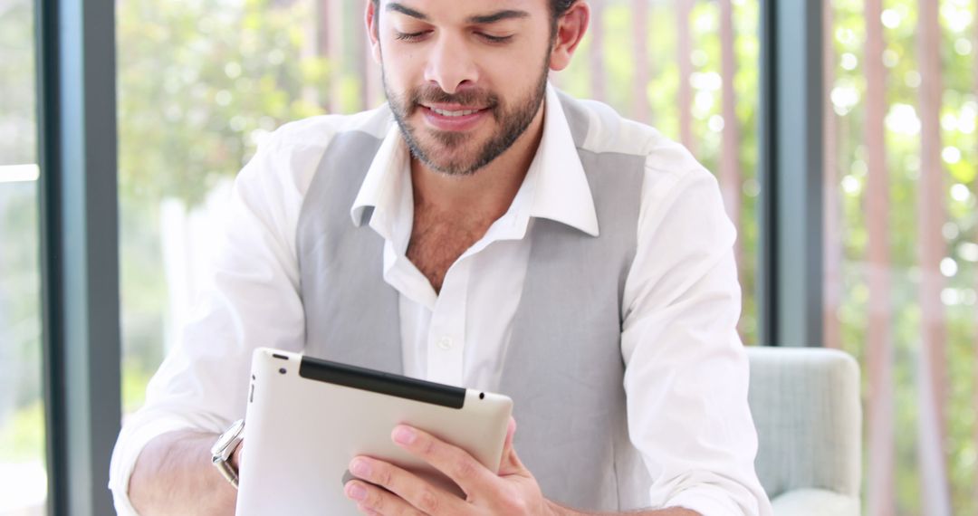 Young Businessman Working on Tablet in Relaxed Office Environment