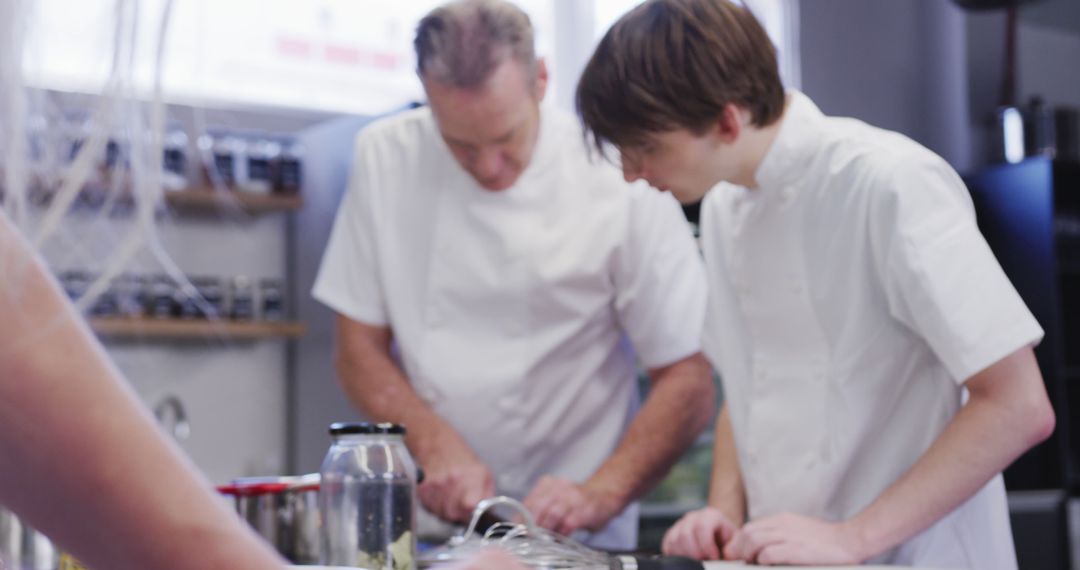 Professional Chef Instructs Young Cook in Restaurant Kitchen - Free Images, Stock Photos and Pictures on Pikwizard.com