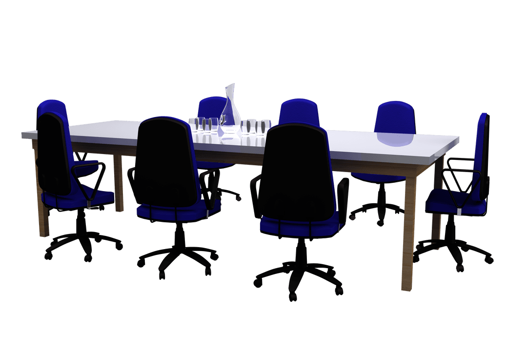Transparent office chairs around conference table on white