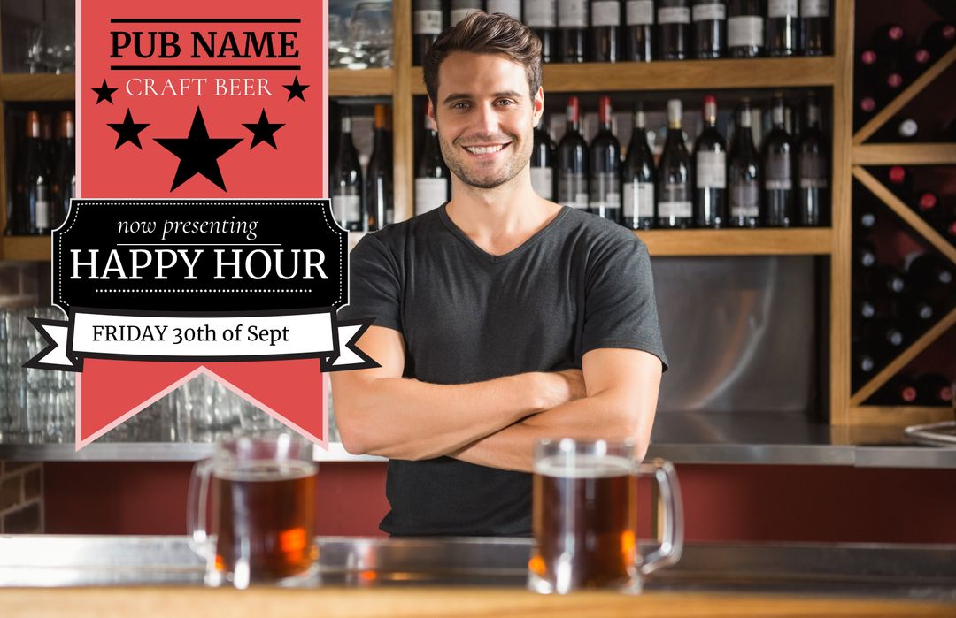 Welcoming Bartender Hosting Pub Happy Hour Promotion