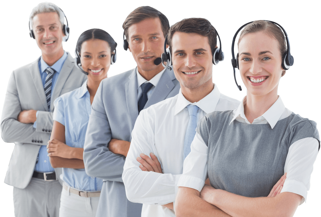 Professional Call Center Team Wearing Transparent Headsets Smiling
