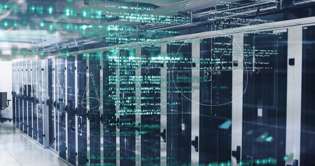 Digital Network with Mathematical Codes Overlaying Modern Server Room