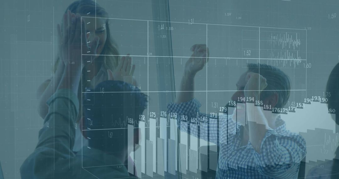 Office Team High-Fiving Celebrating Success Over Holographic Interface