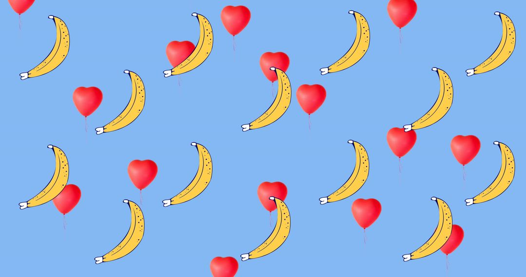 Whimsical Bananas and Red Hearts Pattern on Blue Background