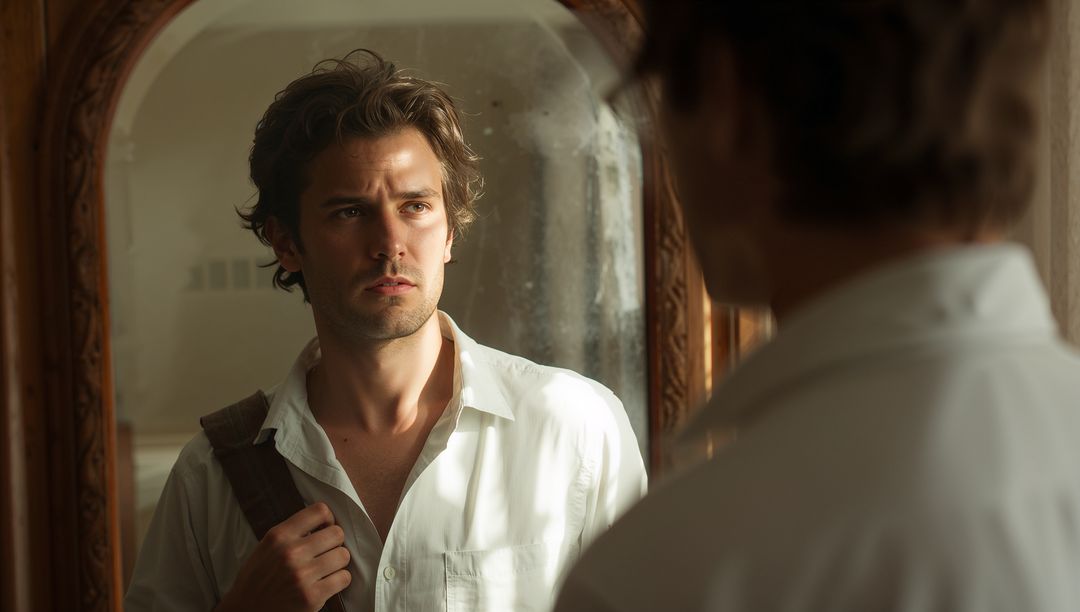 Pensive Young Man Holding Bag Strap While Studying Reflection in Ornate Mirror