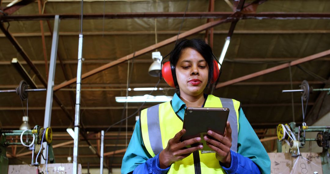 Female industrial worker using tablet in factory wearing safety gear - Free Images, Stock Photos and Pictures on Pikwizard.com