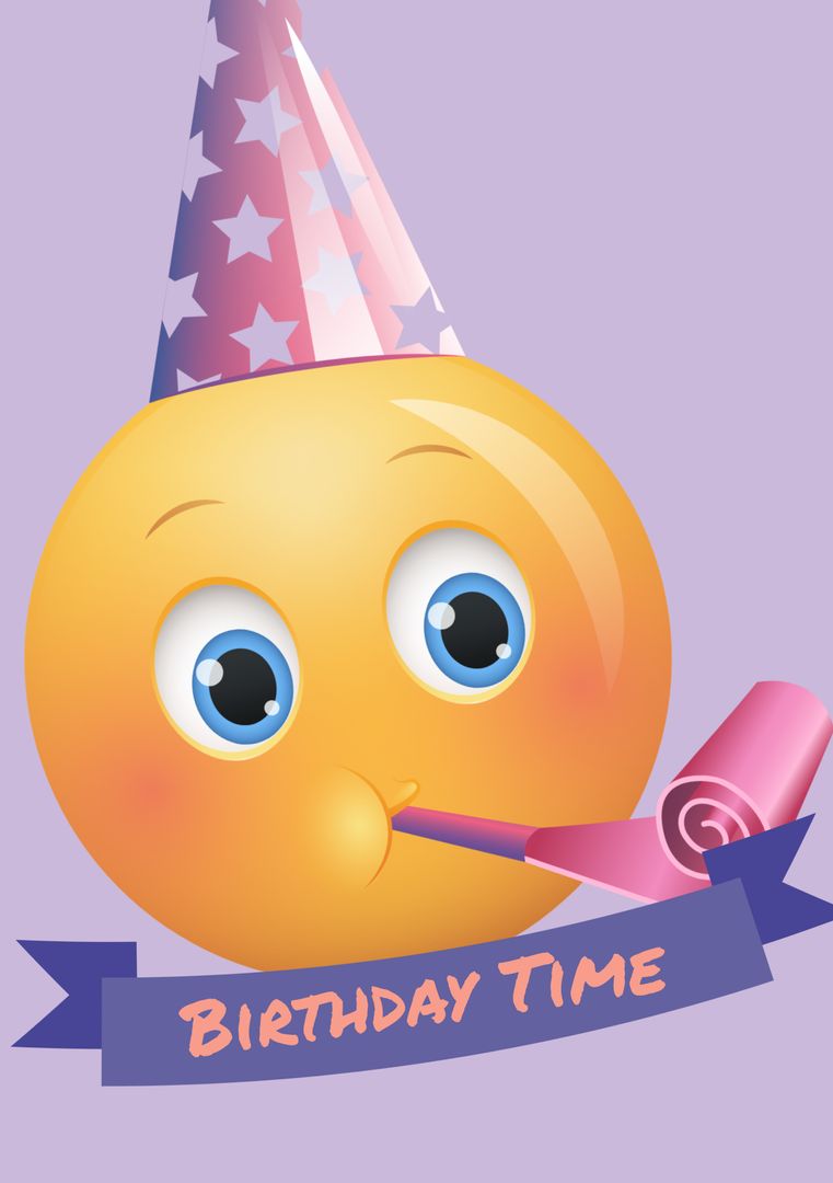 Cute Birthday Emoji with Party Hat and Noisemaker on Purple Background - Download Free Stock Templates Pikwizard.com