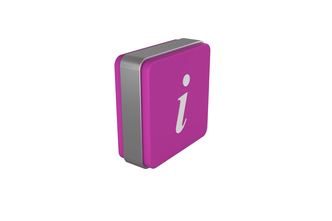 3D Transparent Information Icon with Letter i on Purple Background