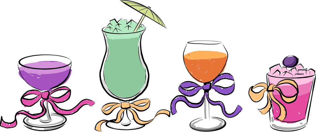 Transparent Background Flat Design Cocktail Glasses with Festive Ribbons