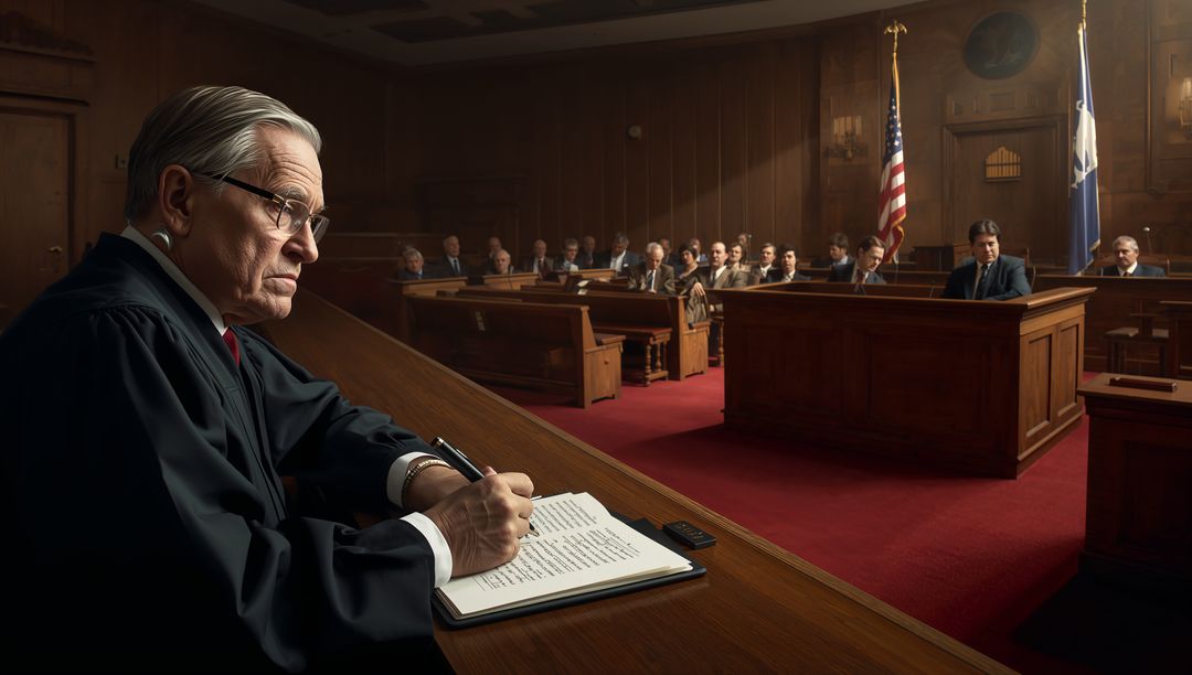 Veteran judge writing notes at bench during courtroom trial with jury and attorneys