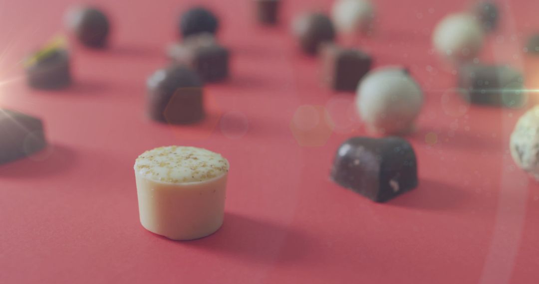 Assorted Chocolate Pralines on Red Background with Light Effects