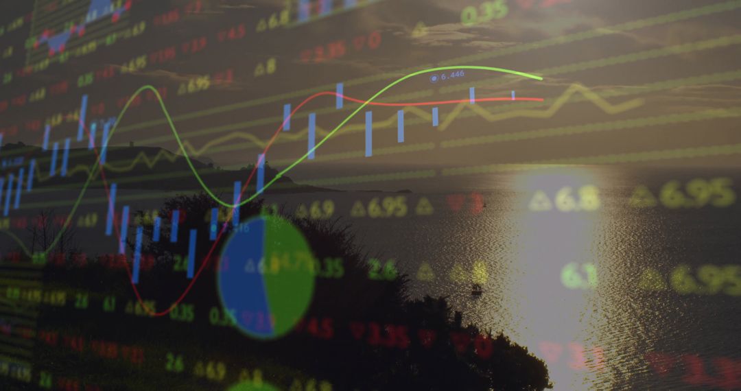Stock Market Analytics Overlaying Serene Lakeside Sunset