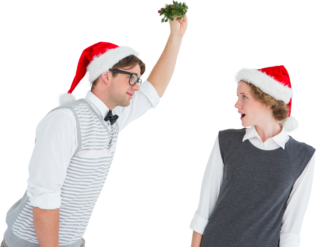 Geeky Hipster Holding Mistletoe Over Woman Wearing Christmas Hats - Download Free Stock Images Pikwizard.com