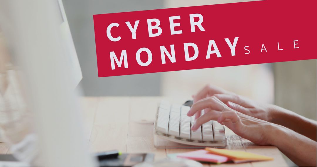 Cyber Monday Sale Banner with Woman Typing on Computer