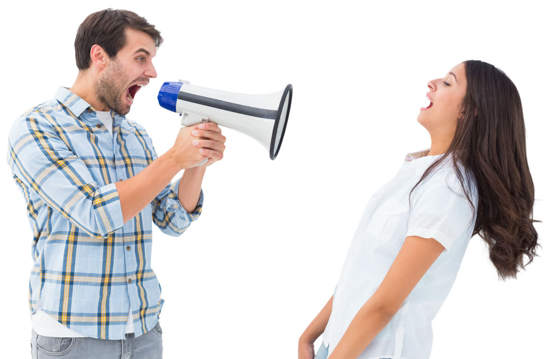 Angry Man Shouting Through Megaphone at Girlfriend with Transparent Background - Download Free Stock Images Pikwizard.com