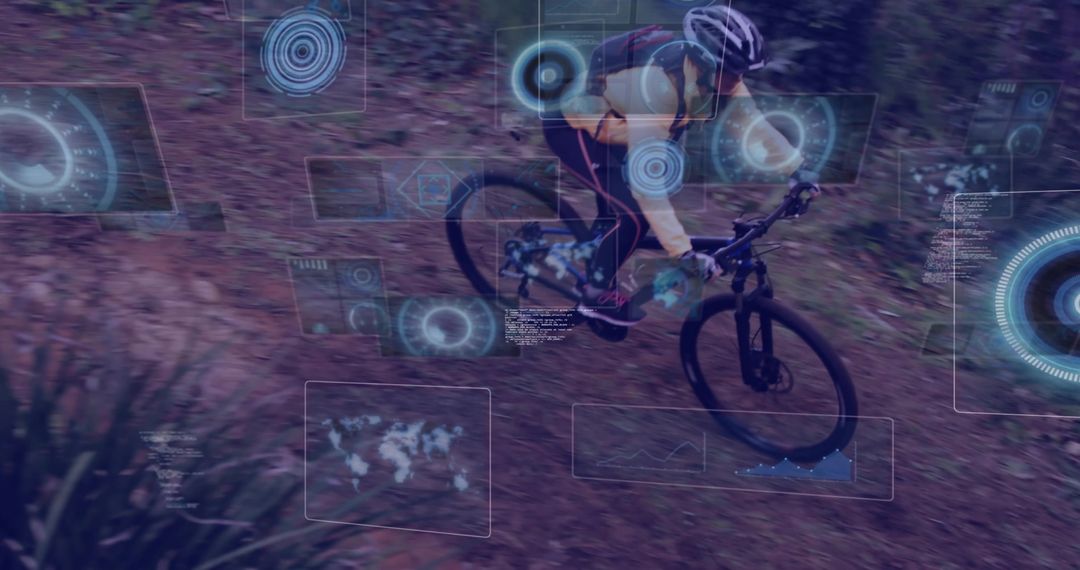 Mountain Biker Navigating Trail with Futuristic HUD Elements