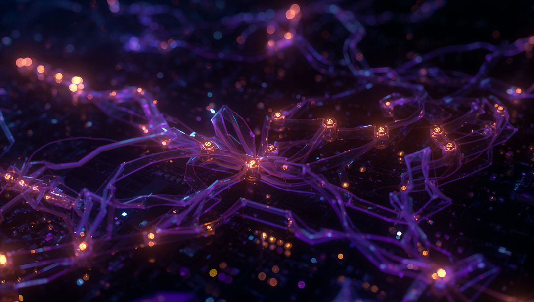 Glowing Neural Network Node Cluster Pulsing on Dark Circuit Board with Purple Filaments