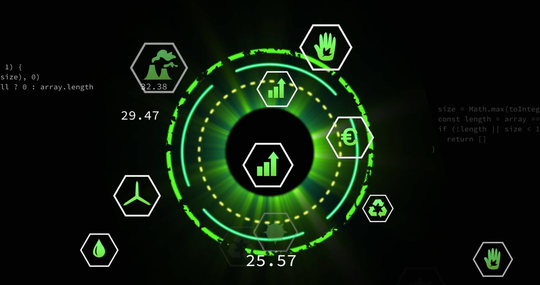 Futuristic Digital Interface with Glowing Data Icons on Black Background