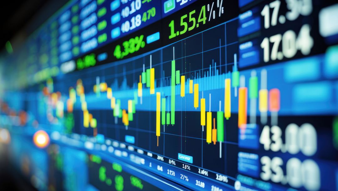 Digital Trading Screen with Candlestick Chart Data and Neon Graphs