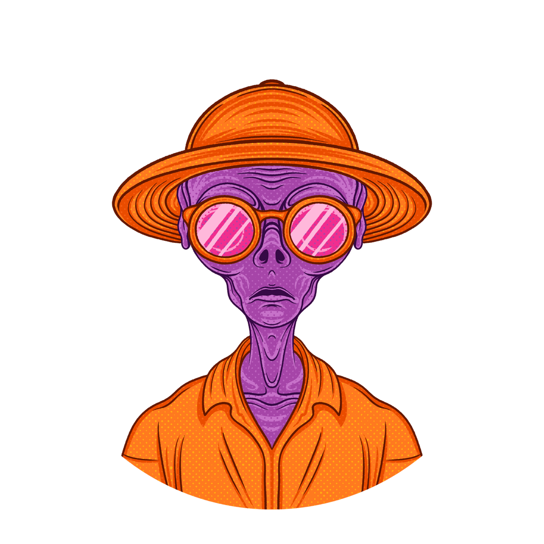 Purple Alien in Orange Hat Wearing Pink Shades on Transparent Canvas