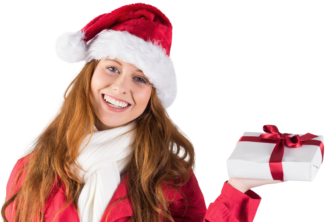 Smiling Redhead Woman Wearing Santa Hat and Holding Gift Box on Transparent Background - Download Free Stock Images Pikwizard.com