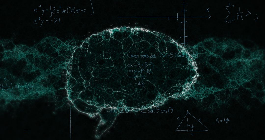 Digital Human Brain with Mathematical Equations Overlay