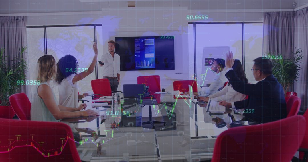 Business Team Analyzing Financial Data on Transparent Screen