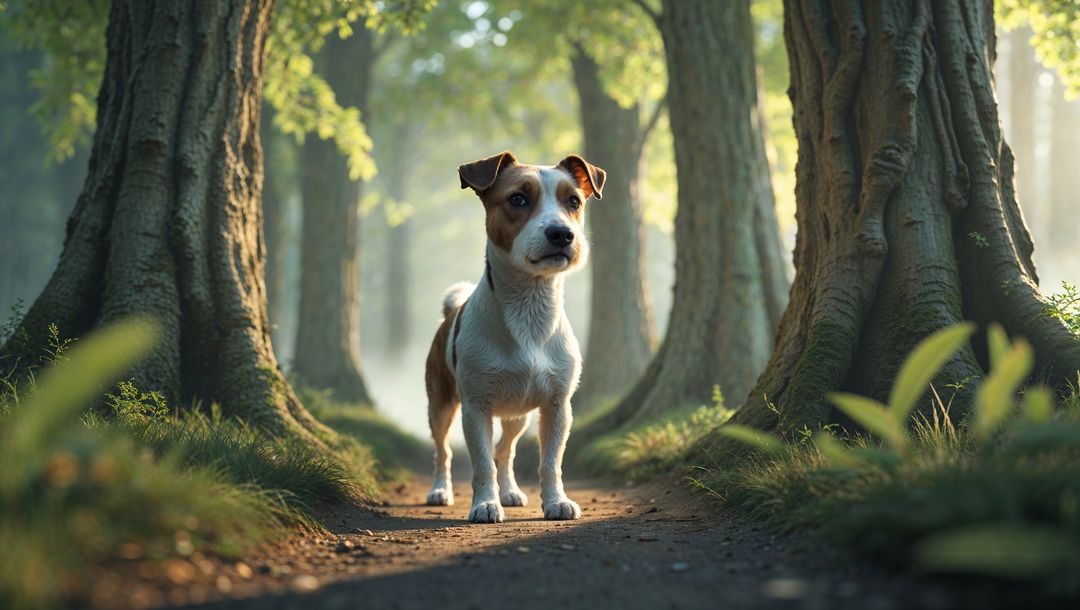 Alert Terrier Dog Standing on Sunlit Forest Path