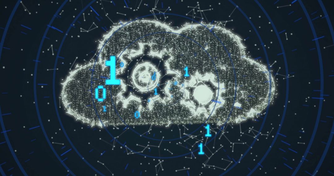 Binary Code Flowing Around Digital Cloud