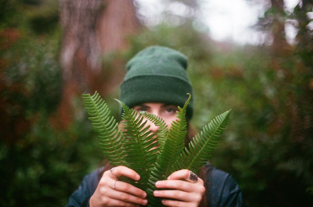 Person in Green Beanie Holding Fern Leaves in Forest - Free Images, Stock Photos and Pictures on Pikwizard.com