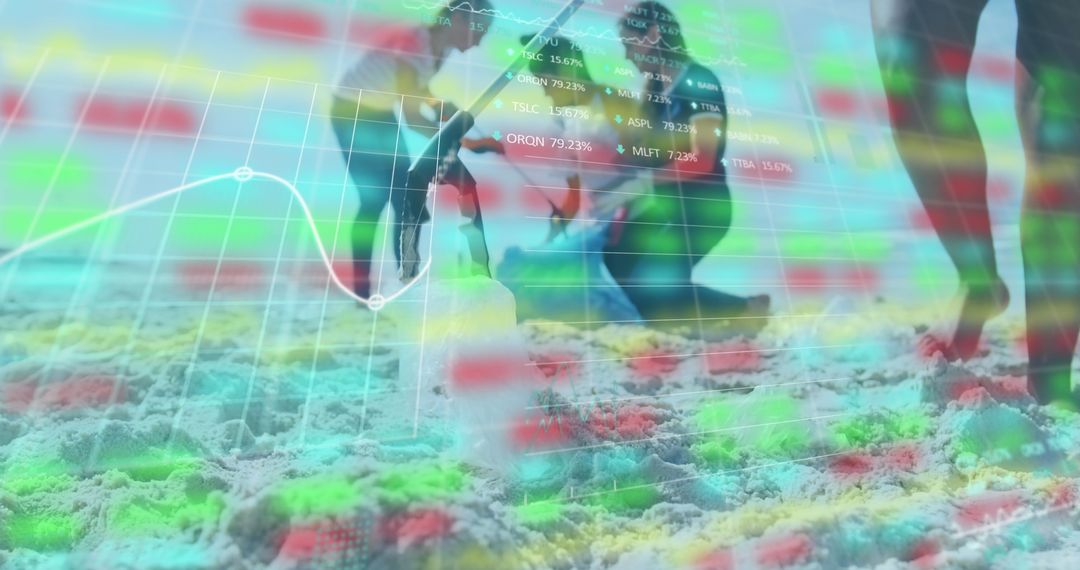 Woman on Beach Digging While Market Chart Overlays Scene