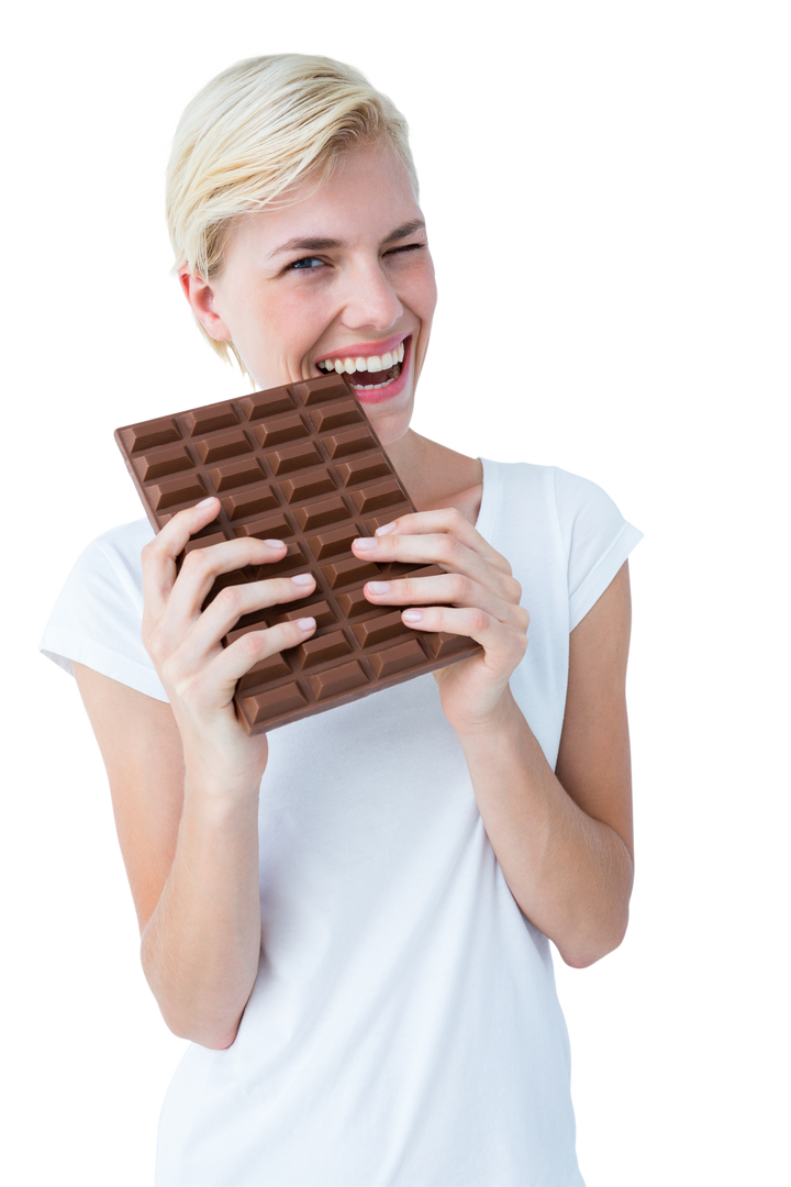 Transparent smiling blonde woman enjoying large chocolate bar - Download Free Stock Images Pikwizard.com