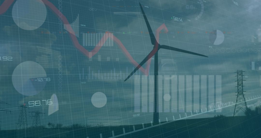 Wind Turbine with Digital Data Overlay Symbolizing Renewable Energy