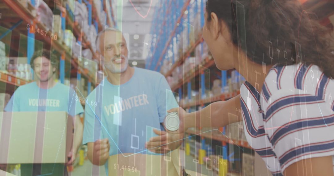 Volunteers Organizing Donations with Data Visualization Overlay
