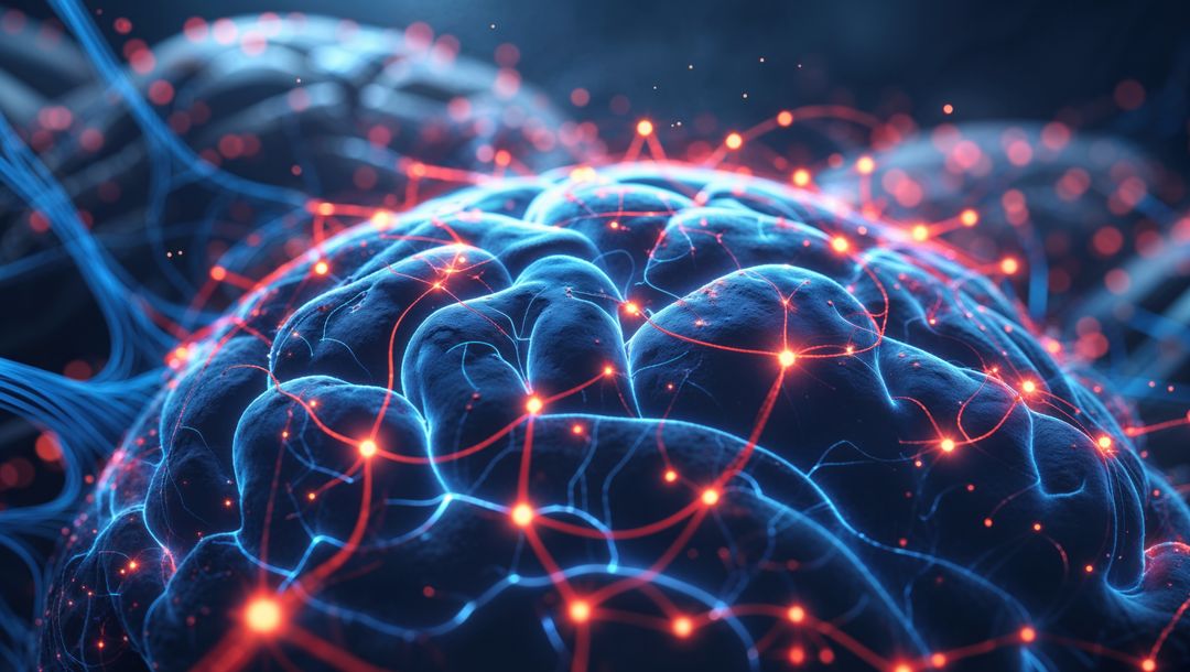 3D Brain with Glowing Neural Pathways and Digital Particle Highlights