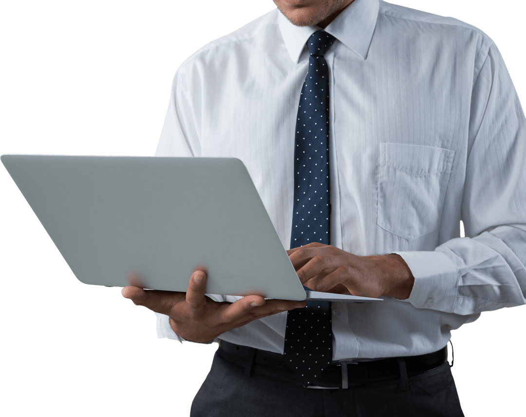 Hispanic Businessman Typing on Laptop Against Transparent Background