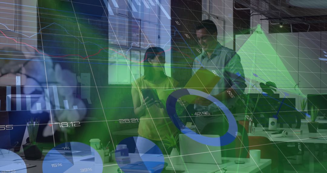 Business Team Collaborating on Financial Data With Digital Graphics Overlay