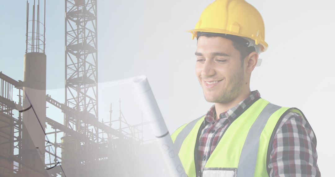 Smiling Architect Reviewing Plans at Construction Site