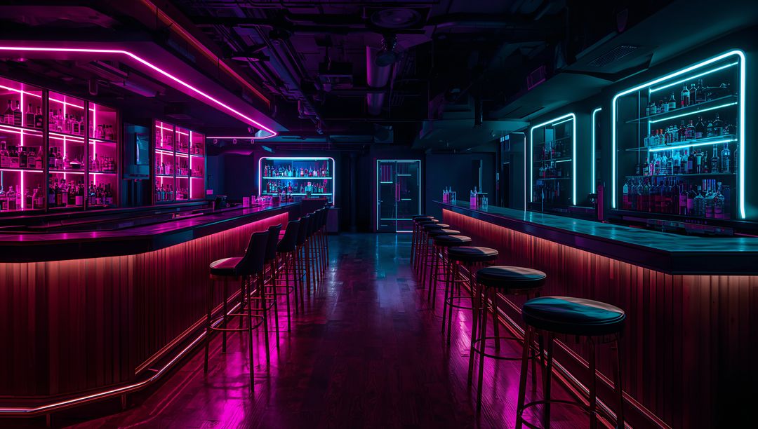 Neon Cyberpunk Cocktail Bar Interior with Magenta and Cyan Lighting, Empty Wooden Counters