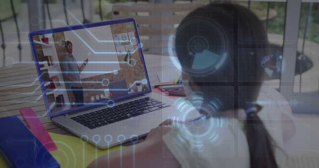 Girl Engaged in Virtual Learning with Holographic Technology Overlay