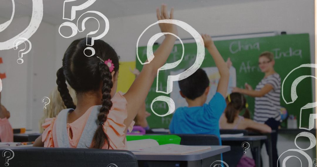 Children Raising Hands in Interactive Classroom with Question Marks