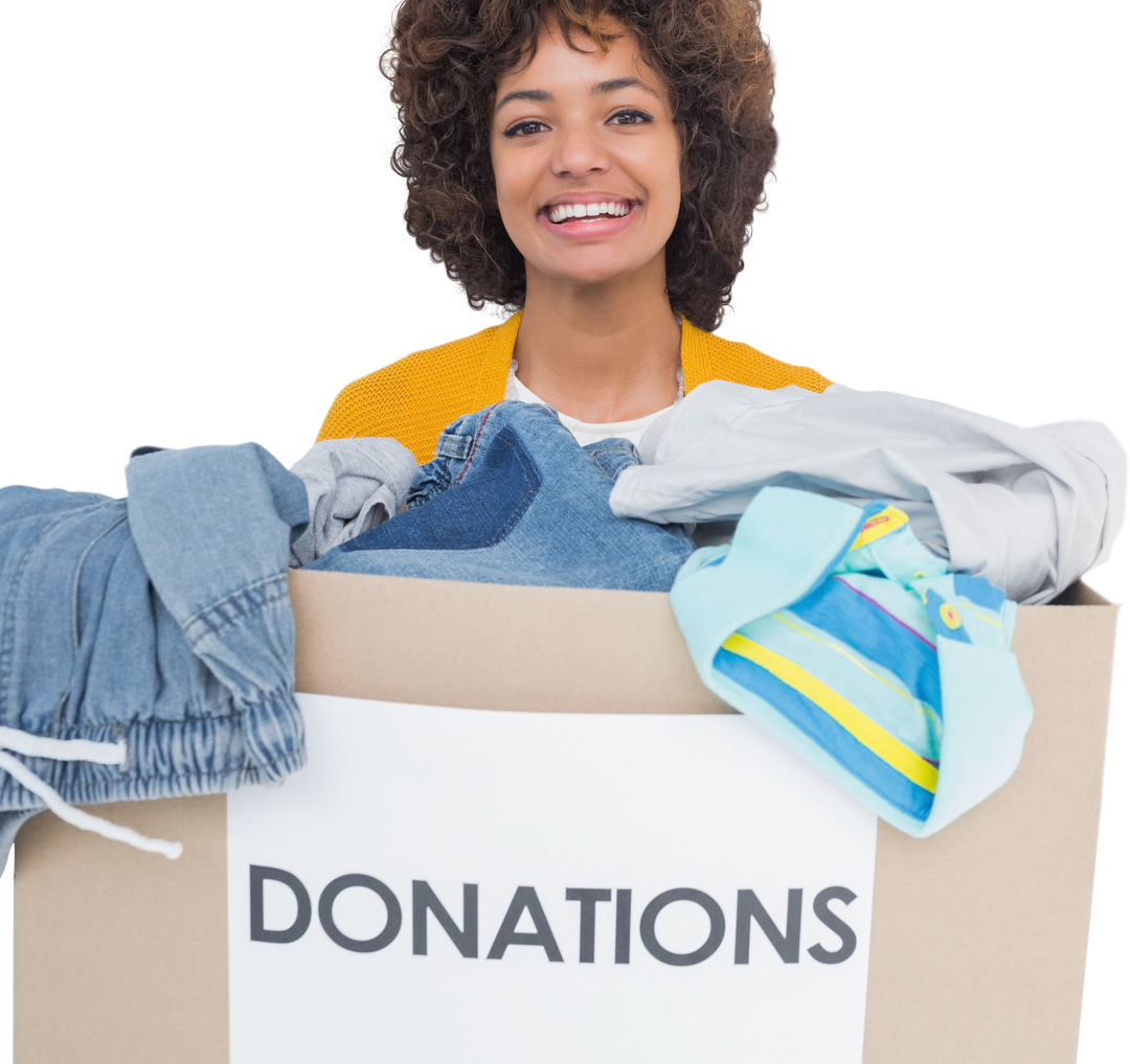 Smiling Woman Holding Transparent Donation Box Filled with Clothes Avoiding Use of Single Use Waste - Download Free Stock Images Pikwizard.com