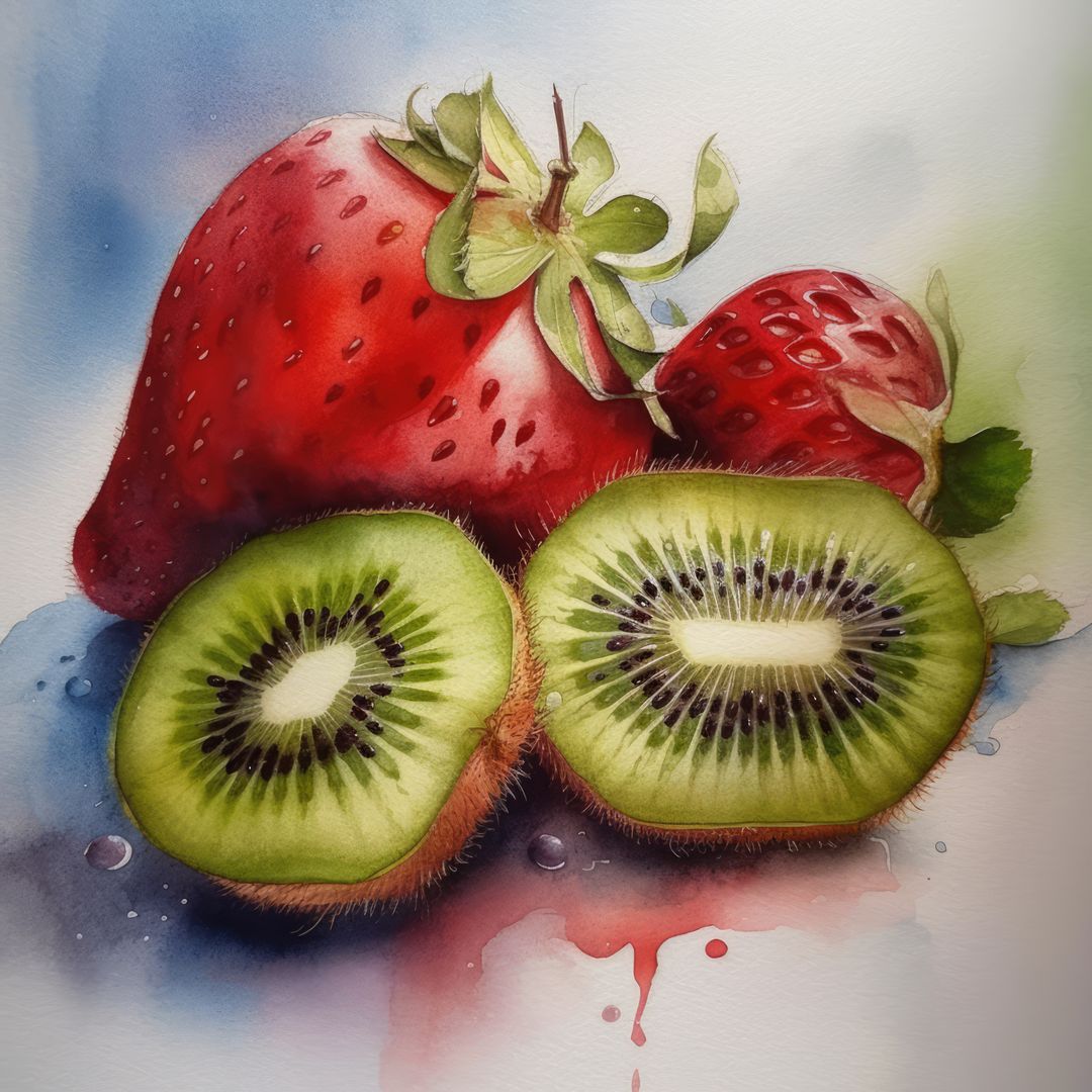 Watercolour with close up of sliced kiwi and strawberries, created using generative ai technology - Free Images, Stock Photos and Pictures on Pikwizard.com