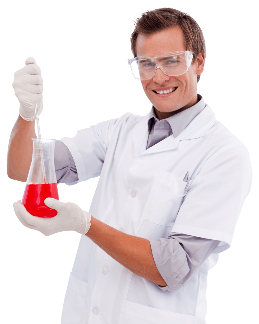 Transparent Male Scientist Mixing Chemicals in Lab Beaker